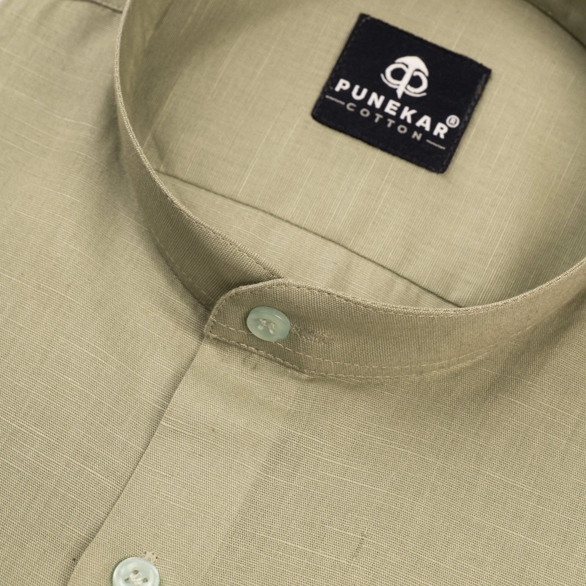 Sage Green Color Band Collar Solid Shirt For Men