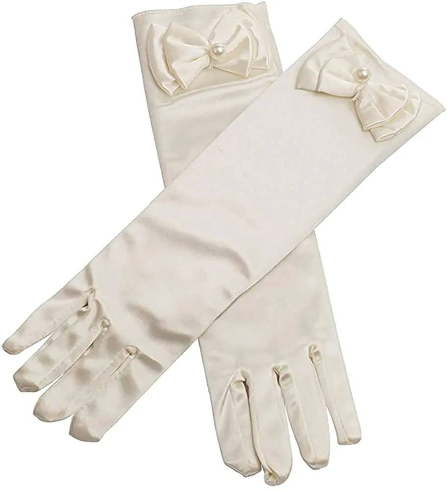 Satin Gloves Princess Dress Up Bows Gloves Long Gloves for Party(Off White)