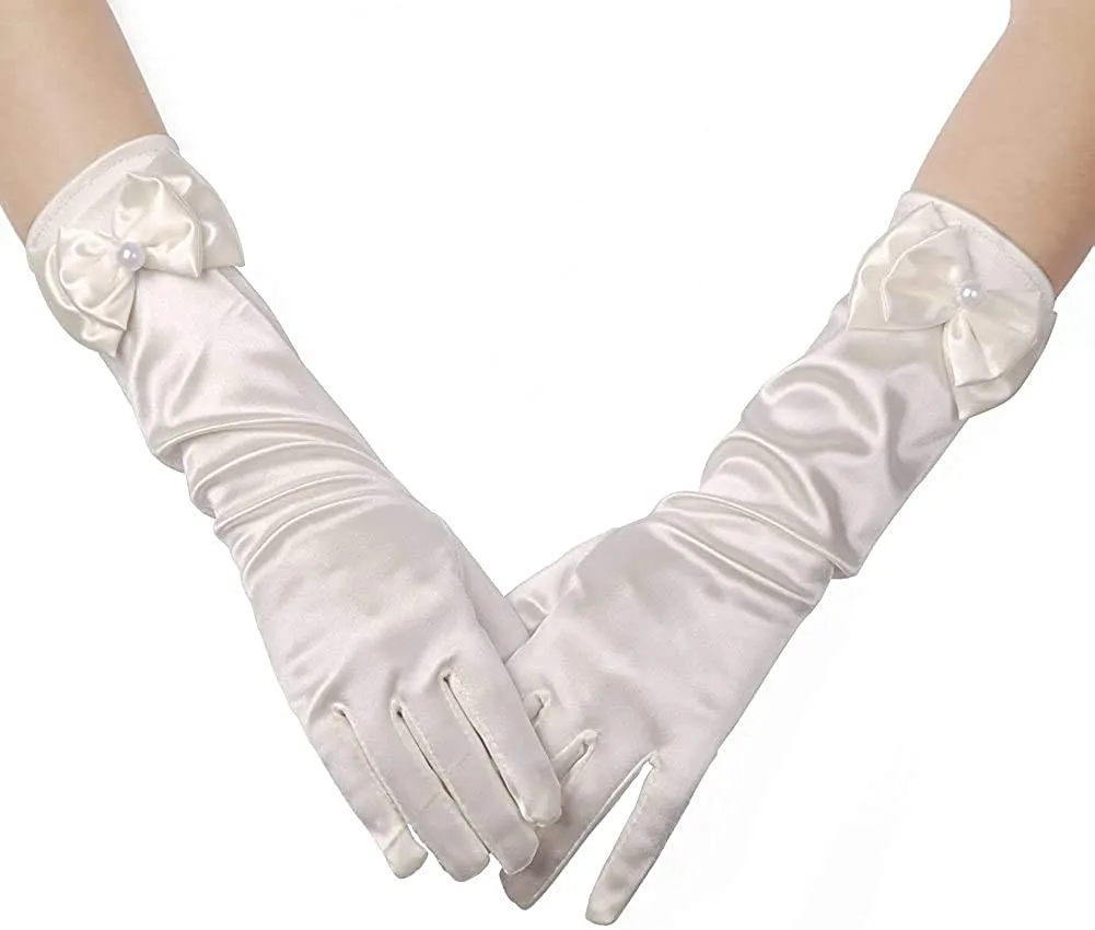 Satin Gloves Princess Dress Up Bows Gloves Long Gloves for Party(Off White)