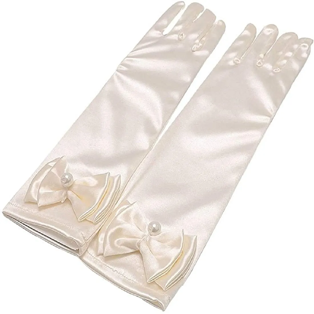 Satin Gloves Princess Dress Up Bows Gloves Long Gloves for Party(Off White)