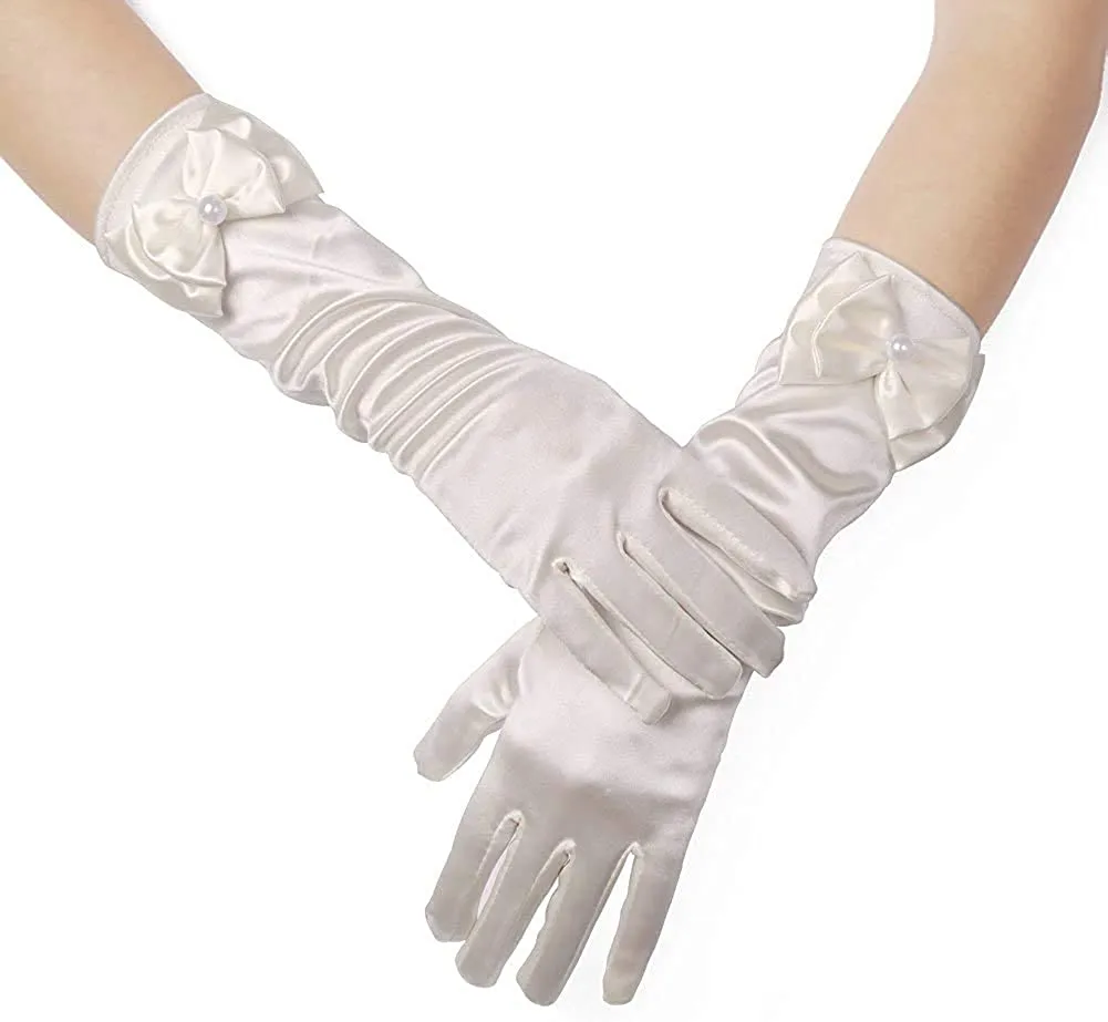 Satin Gloves Princess Dress Up Bows Gloves Long Gloves for Party(Off White)