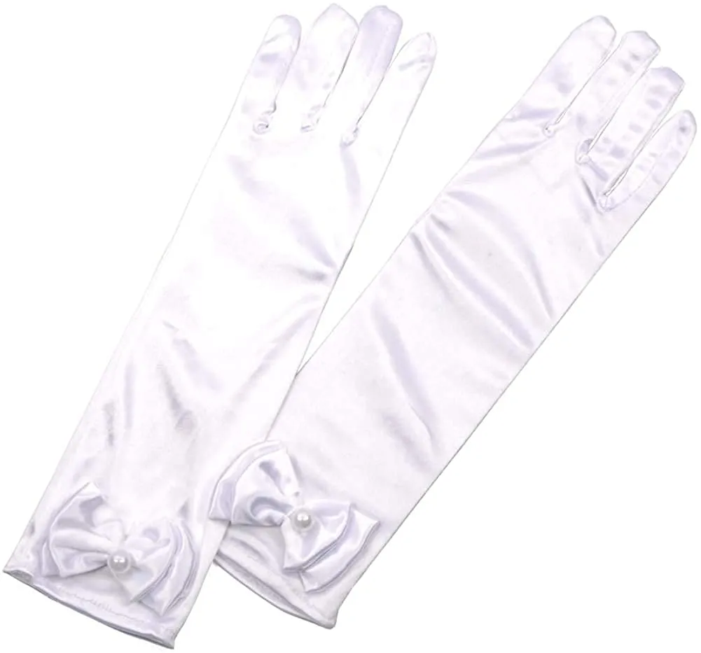 Satin Gloves Princess Dress Up Bows Gloves Long Gloves for Party(White)