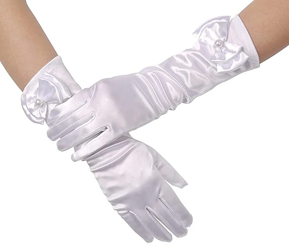 Satin Gloves Princess Dress Up Bows Gloves Long Gloves for Party(White)