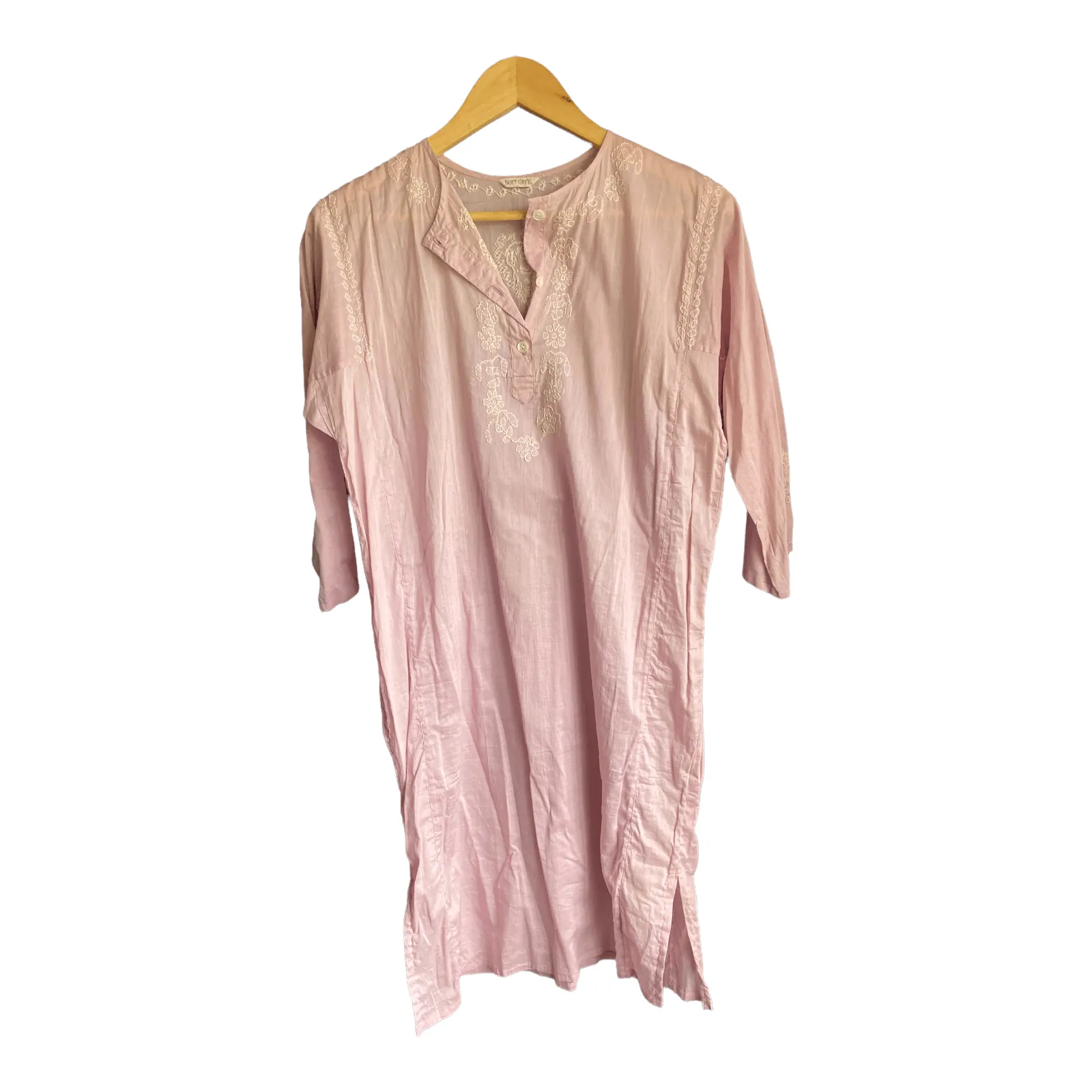 Soft Grey Cotton Pink Embroidered Beach Cover Up Style 3/4 Sleeved Dress UK Size 12