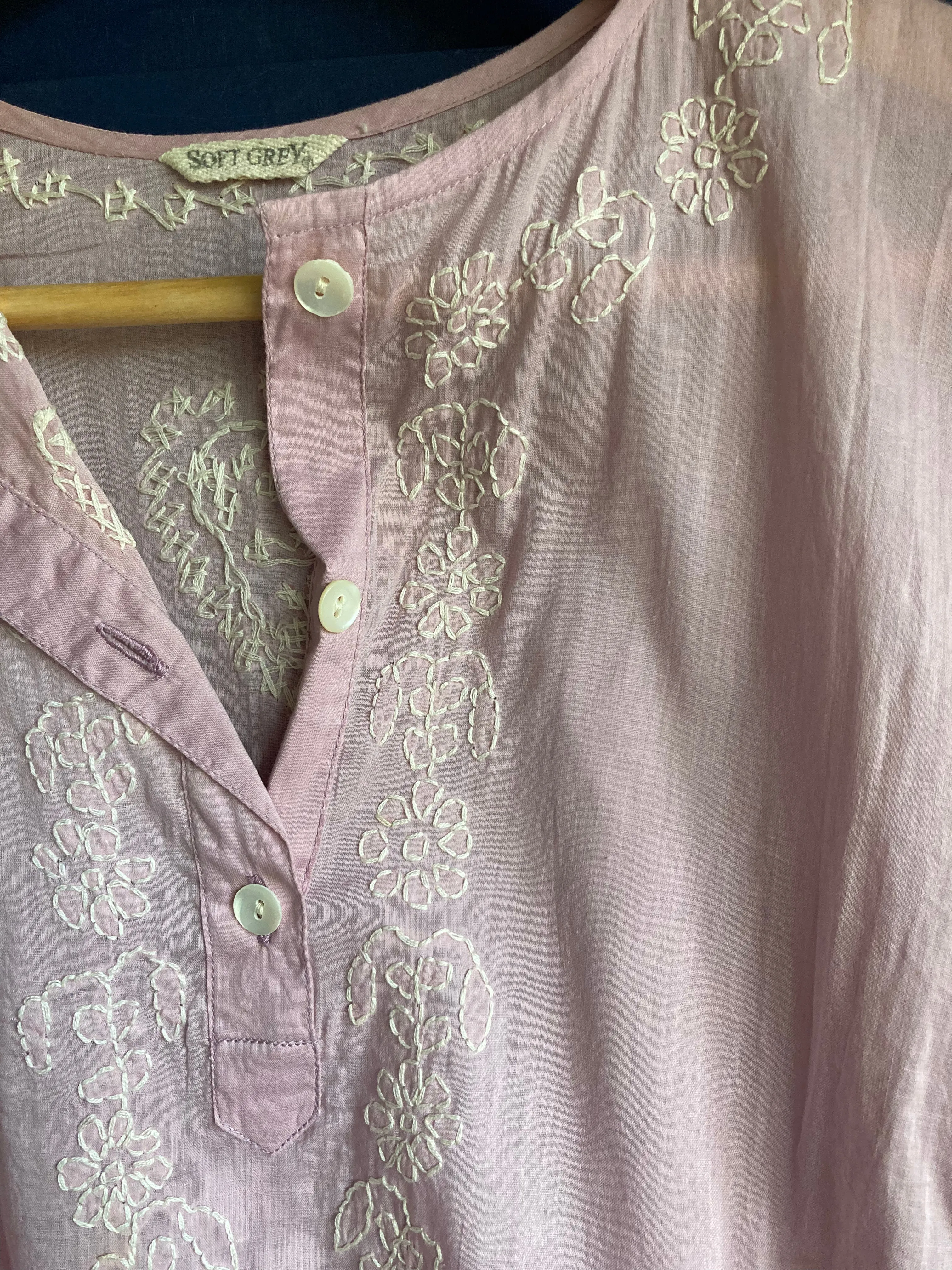 Soft Grey Cotton Pink Embroidered Beach Cover Up Style 3/4 Sleeved Dress UK Size 12