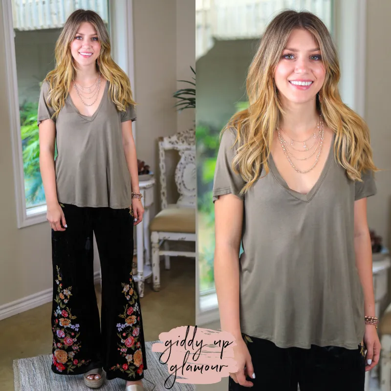 Sugar and Spice Deep V-Neck Short Sleeve Tee in Light Olive Green