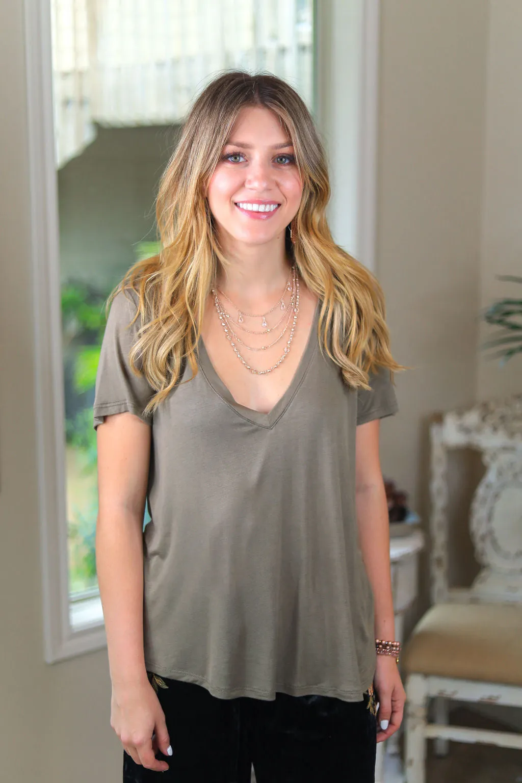 Sugar and Spice Deep V-Neck Short Sleeve Tee in Light Olive Green