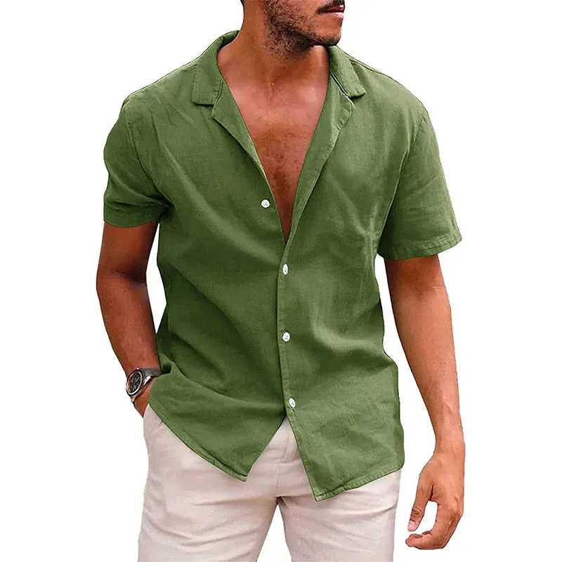 Summer Men's Cotton Linen Shirt Solid Lapel Neck Single-Breasted Short Sleeved Tops Fashion Casual High Street Men's Clothing