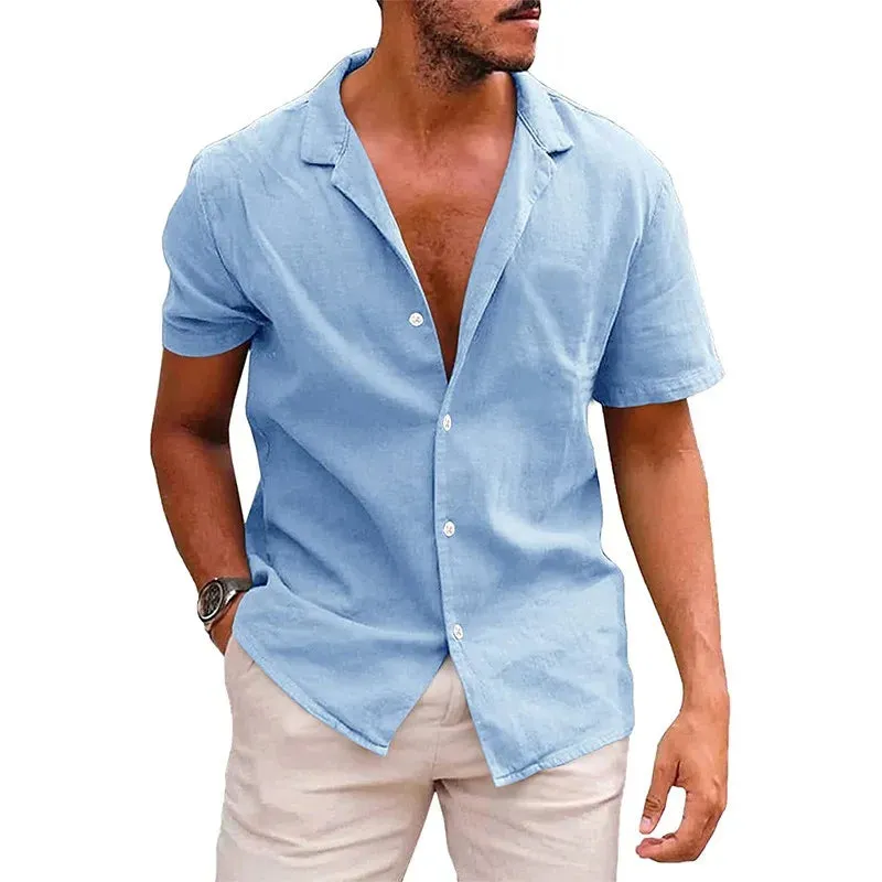 Summer Men's Cotton Linen Shirt Solid Lapel Neck Single-Breasted Short Sleeved Tops Fashion Casual High Street Men's Clothing