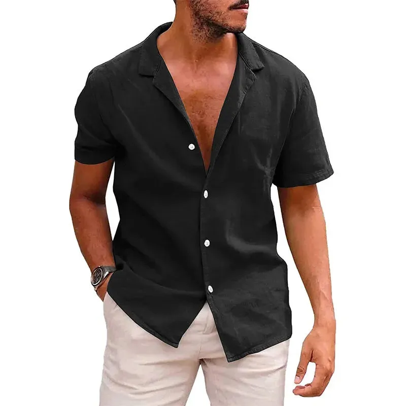 Summer Men's Cotton Linen Shirt Solid Lapel Neck Single-Breasted Short Sleeved Tops Fashion Casual High Street Men's Clothing