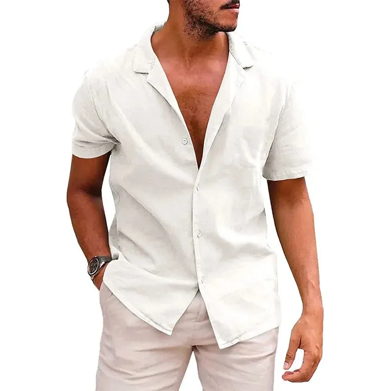 Summer Men's Cotton Linen Shirt Solid Lapel Neck Single-Breasted Short Sleeved Tops Fashion Casual High Street Men's Clothing