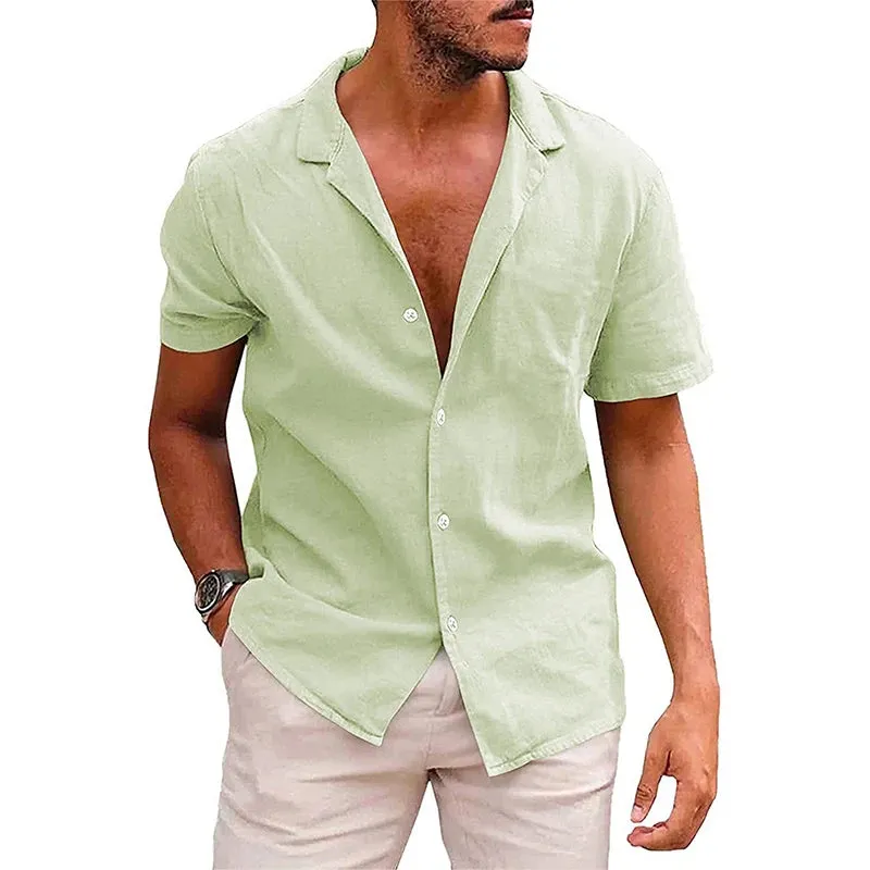 Summer Men's Cotton Linen Shirt Solid Lapel Neck Single-Breasted Short Sleeved Tops Fashion Casual High Street Men's Clothing