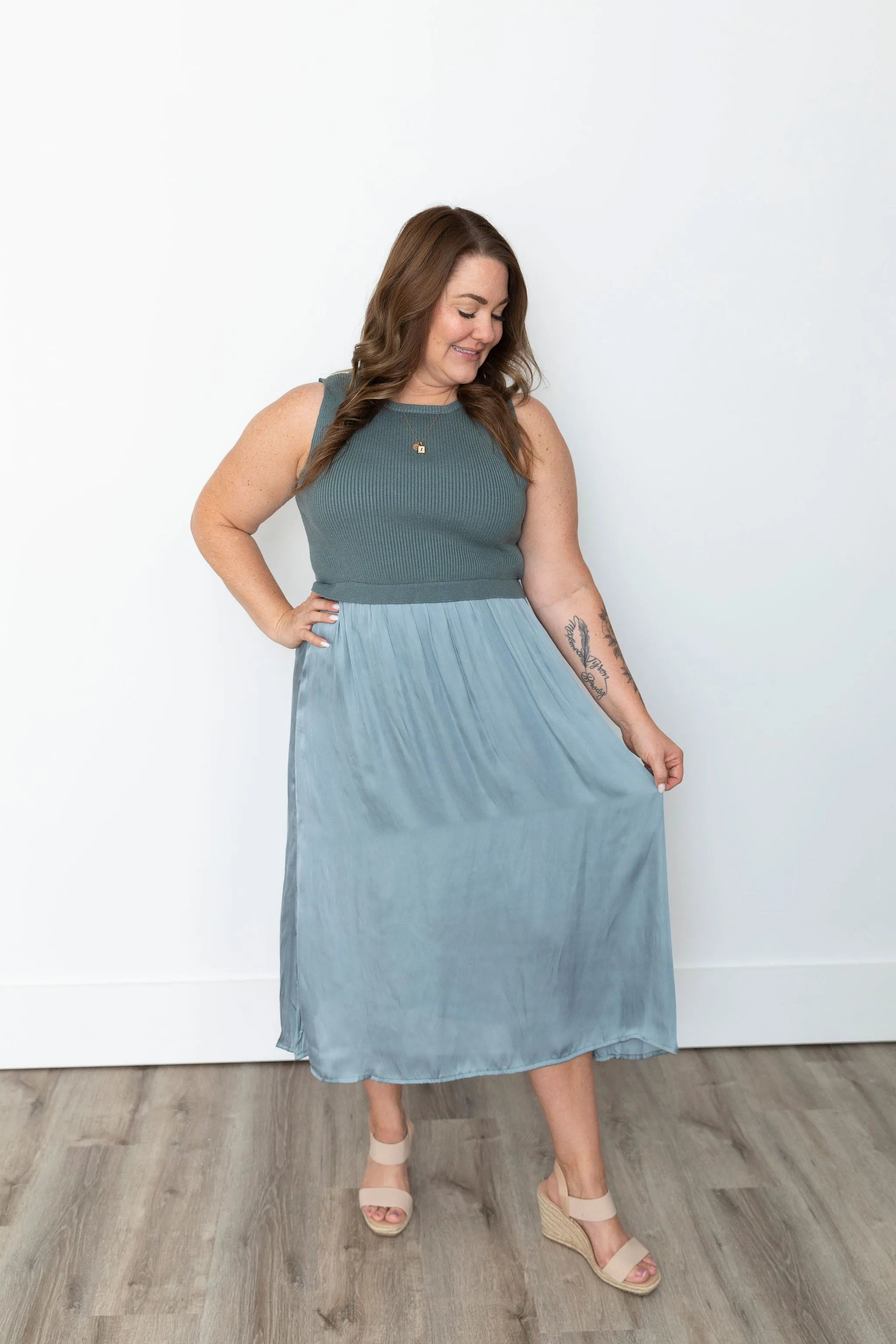 Sweater & Satin Midi Dress - Grey & Sage