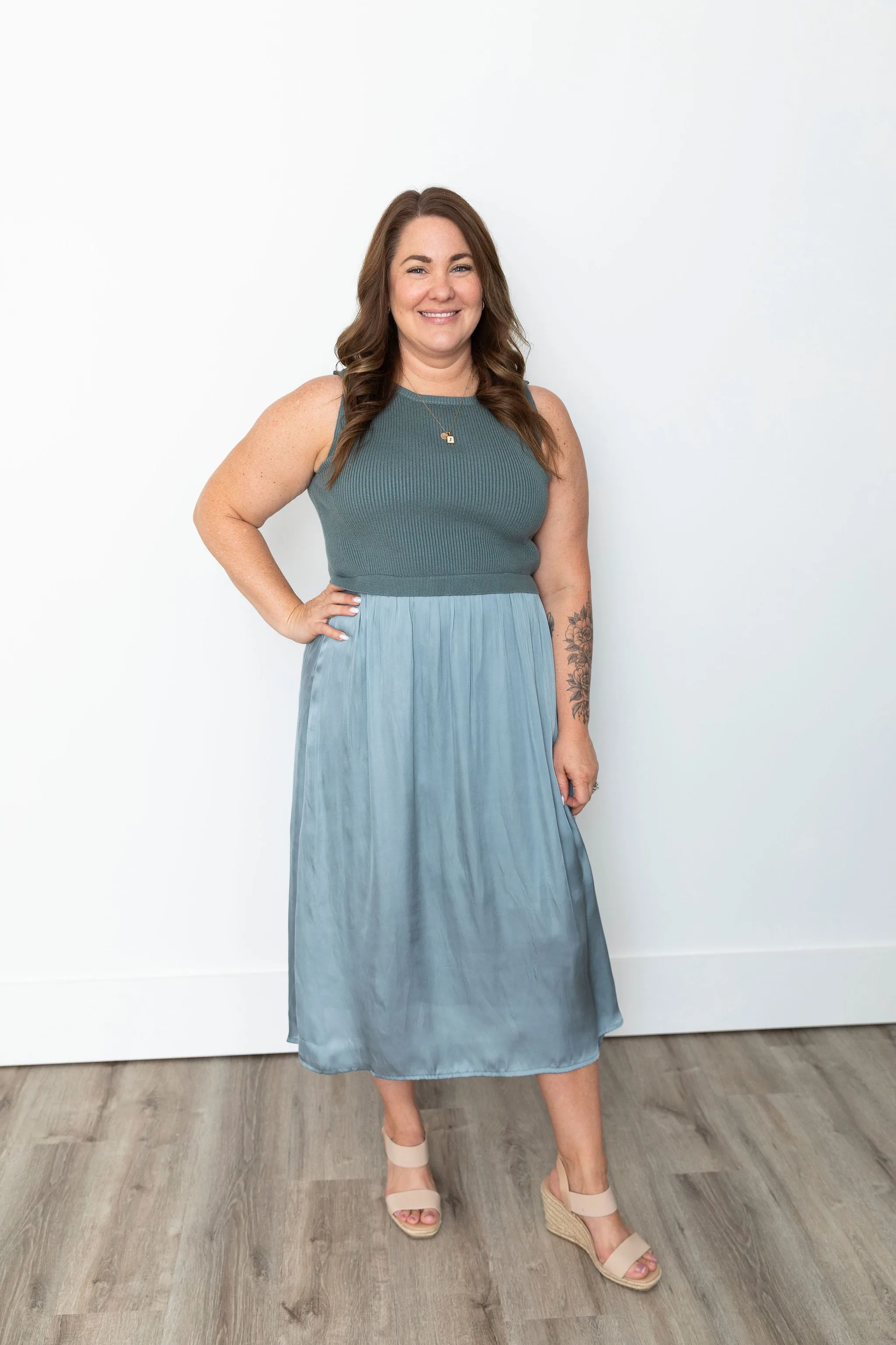 Sweater & Satin Midi Dress - Grey & Sage