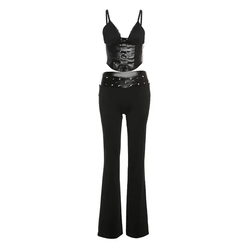 TAVIMART  -  Black Slim Fit Trousers Set Camisole Off Back V Neck Lace Spliced Asymmetrical Top High Waist Micro Raging Pants Suit