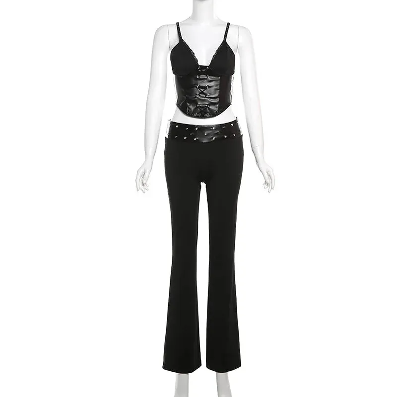 TAVIMART  -  Black Slim Fit Trousers Set Camisole Off Back V Neck Lace Spliced Asymmetrical Top High Waist Micro Raging Pants Suit