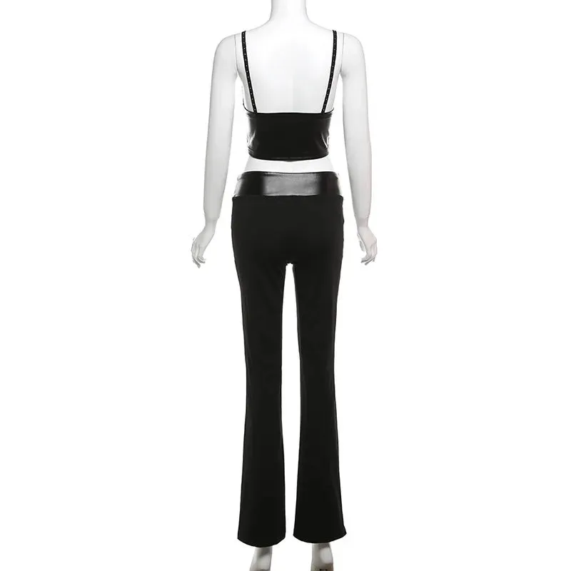 TAVIMART  -  Black Slim Fit Trousers Set Camisole Off Back V Neck Lace Spliced Asymmetrical Top High Waist Micro Raging Pants Suit