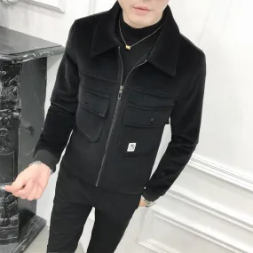 Thick Black Turn Down Collar Simply Casual Men Jacket