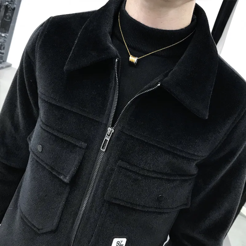 Thick Black Turn Down Collar Simply Casual Men Jacket