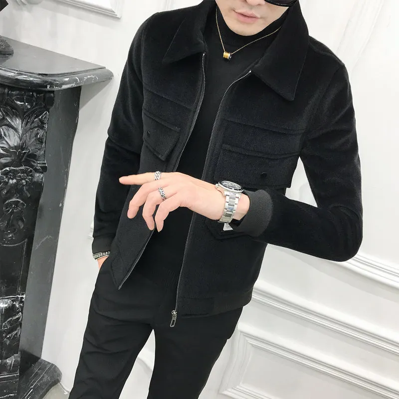 Thick Black Turn Down Collar Simply Casual Men Jacket