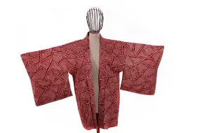 Traditional Shibori Dyed Red Haori Kimono Jacket with Geometric Patterns