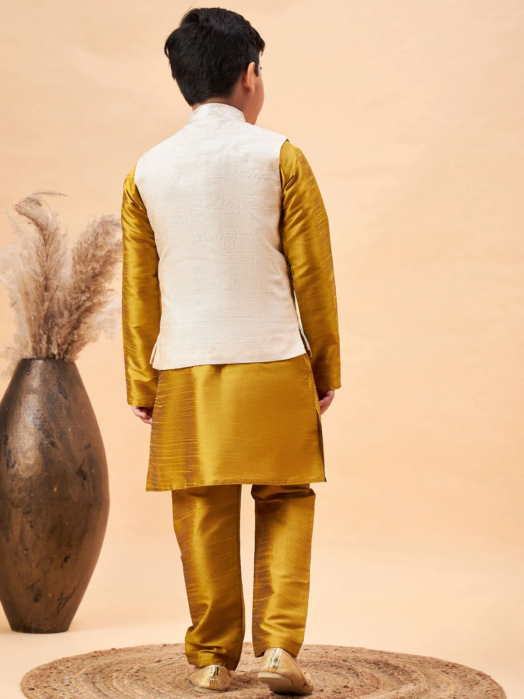 Vastramay Boy's Beige Nehru Jacket With Mustard Kurta And Pyjama Set