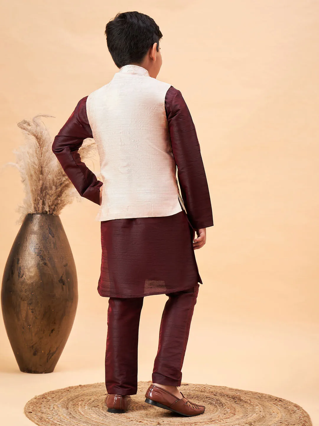 VASTRAMAY Boy's Beige Nehru Jacket With Wine Kurta And Pyjama Set