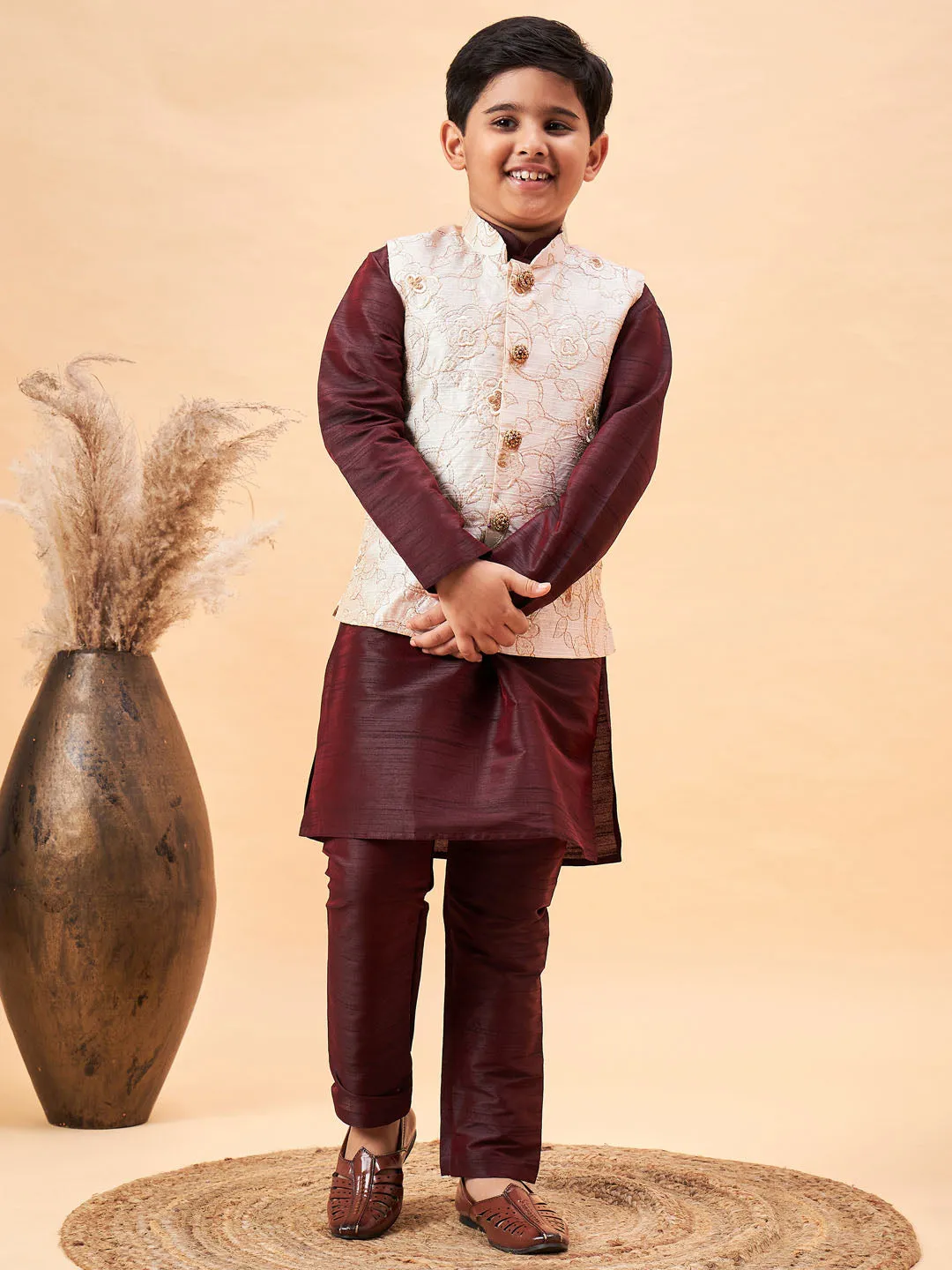 VASTRAMAY Boy's Beige Nehru Jacket With Wine Kurta And Pyjama Set