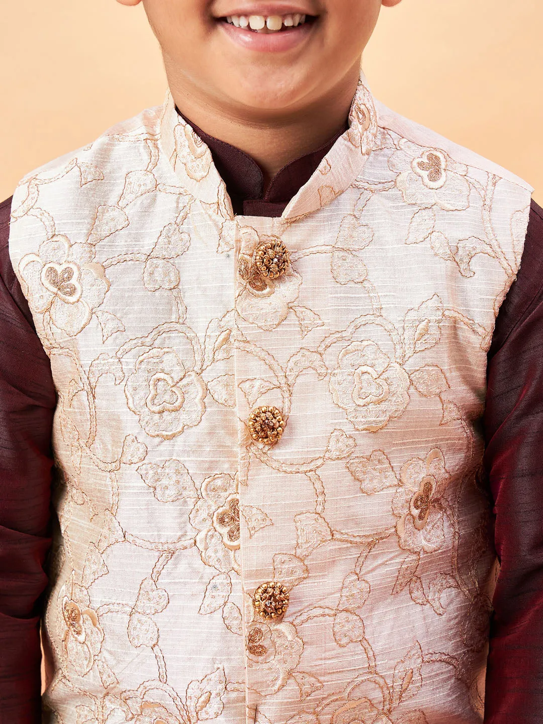 VASTRAMAY Boy's Beige Nehru Jacket With Wine Kurta And Pyjama Set