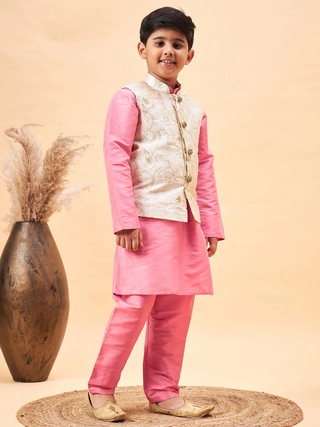 VASTRAMAY Boy's Beige Woven Nehru Jacket With Pink Kurta Pyjama Set