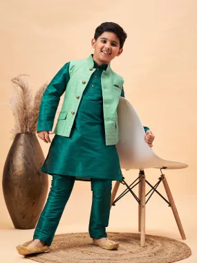 VASTRAMAY Boy's Green Woven Nehru Jacket With Green Kurta Pyjama Set