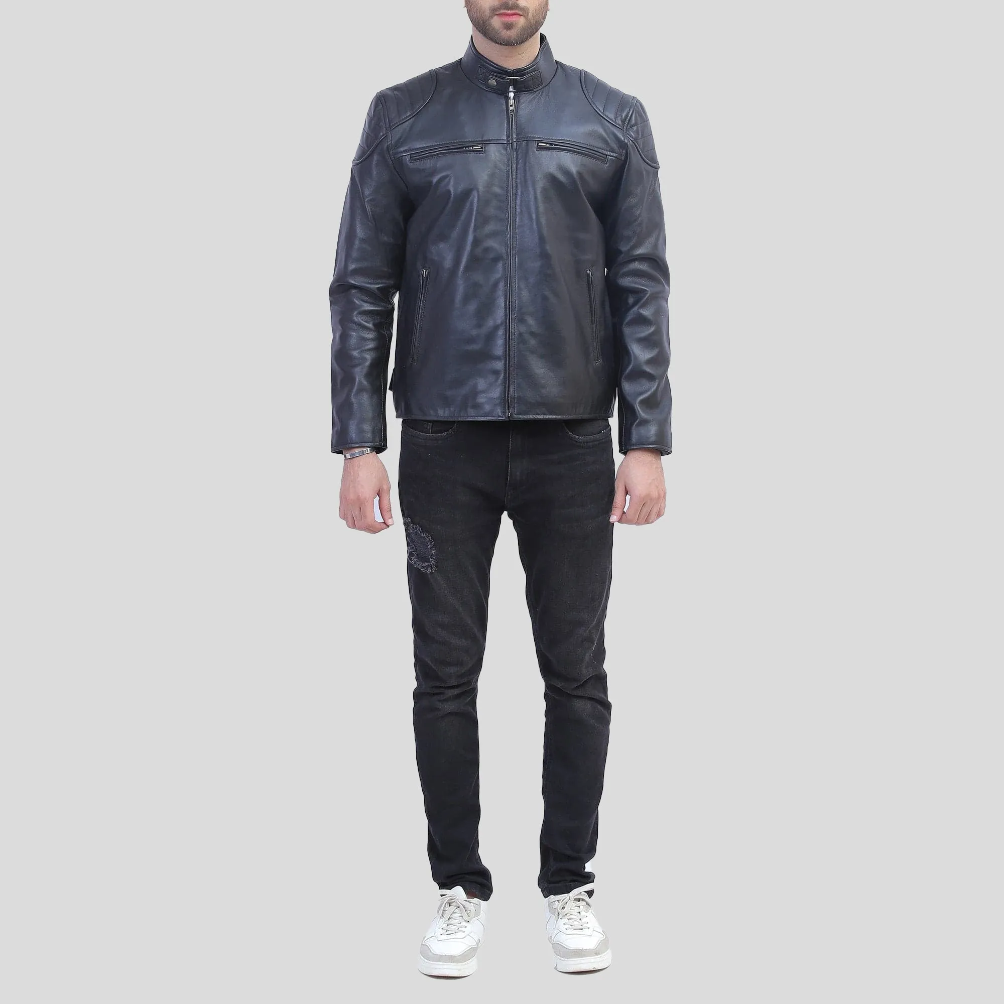 Vermont Black Leather Cafe Racer Jacket