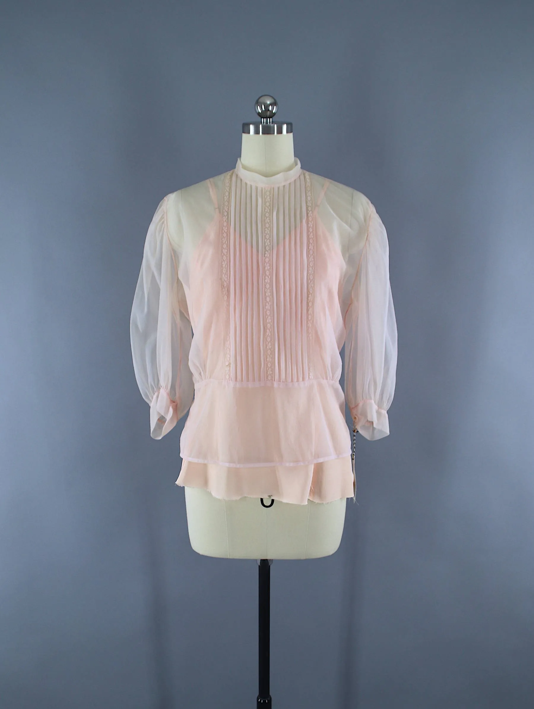 Vintage 1950s Pastel Pink Chiffon Peplum Blouse