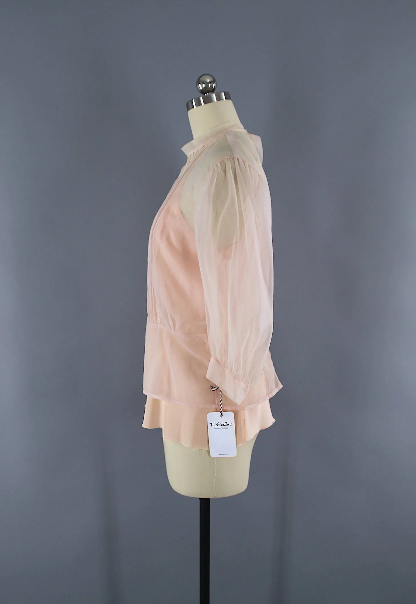 Vintage 1950s Pastel Pink Chiffon Peplum Blouse