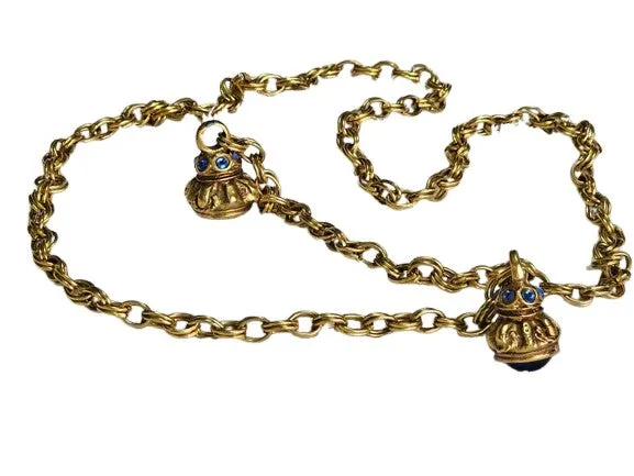 VINTAGE GOLD TONE METAL CHAIN BELT OR NECKLACE WITH ROYAL BLUE CABOCHONSAND SPARKLING RHINESTONES