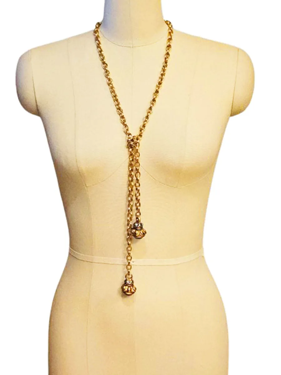 VINTAGE GOLD TONE METAL CHAIN BELT OR NECKLACE WITH ROYAL BLUE CABOCHONSAND SPARKLING RHINESTONES