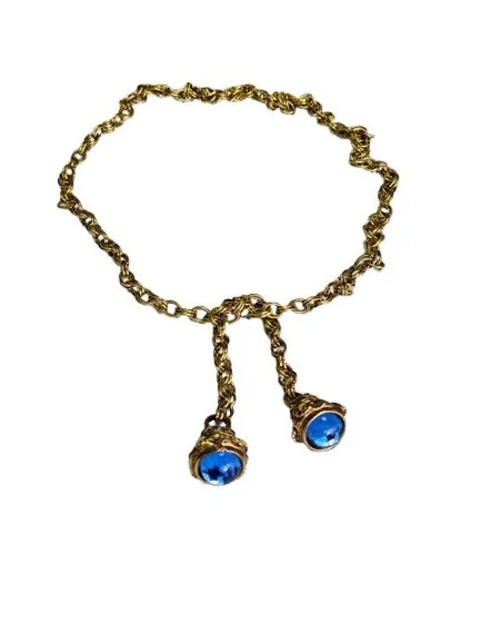 VINTAGE GOLD TONE METAL CHAIN BELT OR NECKLACE WITH ROYAL BLUE CABOCHONSAND SPARKLING RHINESTONES