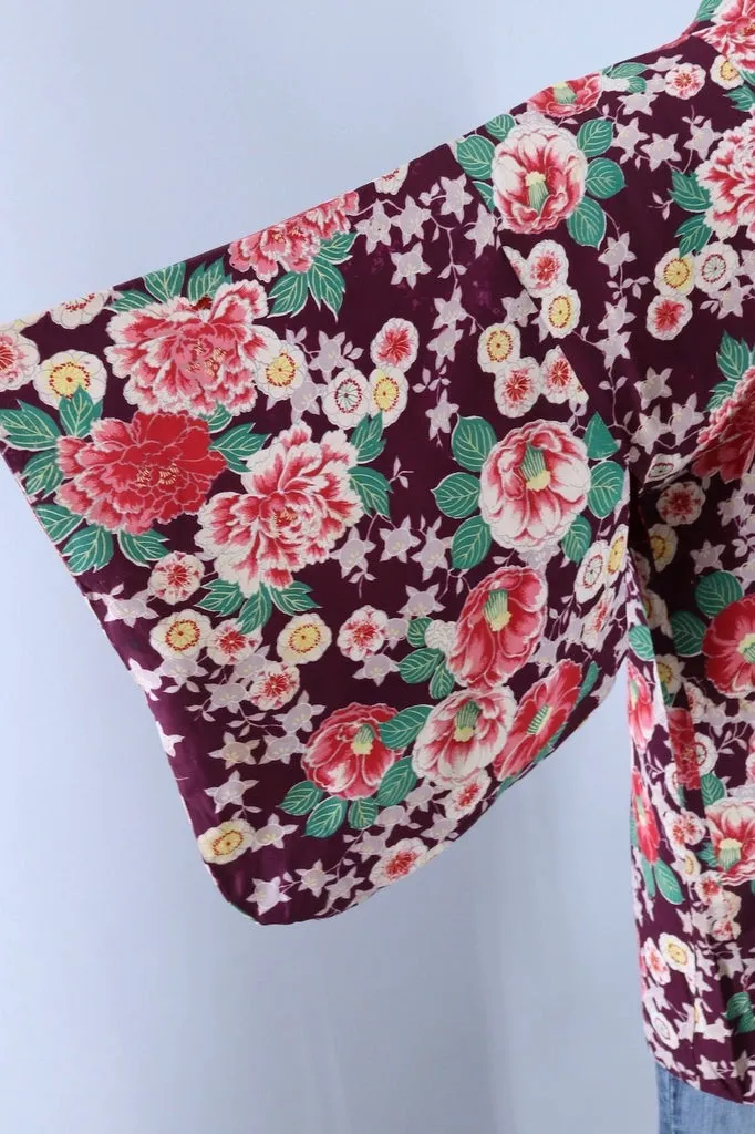 Vintage Silk Kimono Cardigan Jacket / Purple and Red Floral Print