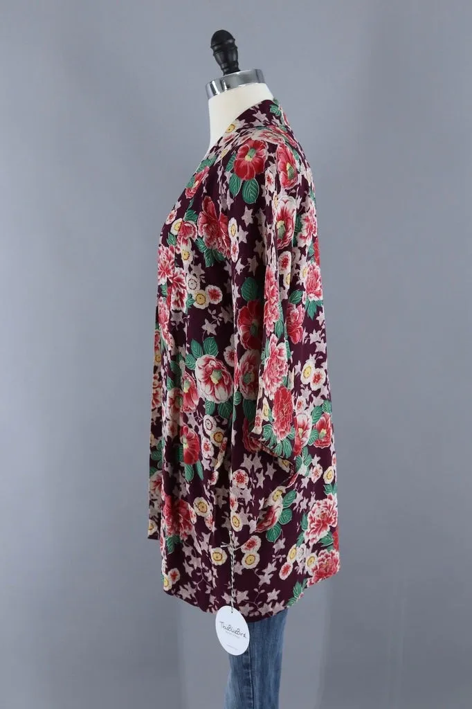 Vintage Silk Kimono Cardigan Jacket / Purple and Red Floral Print