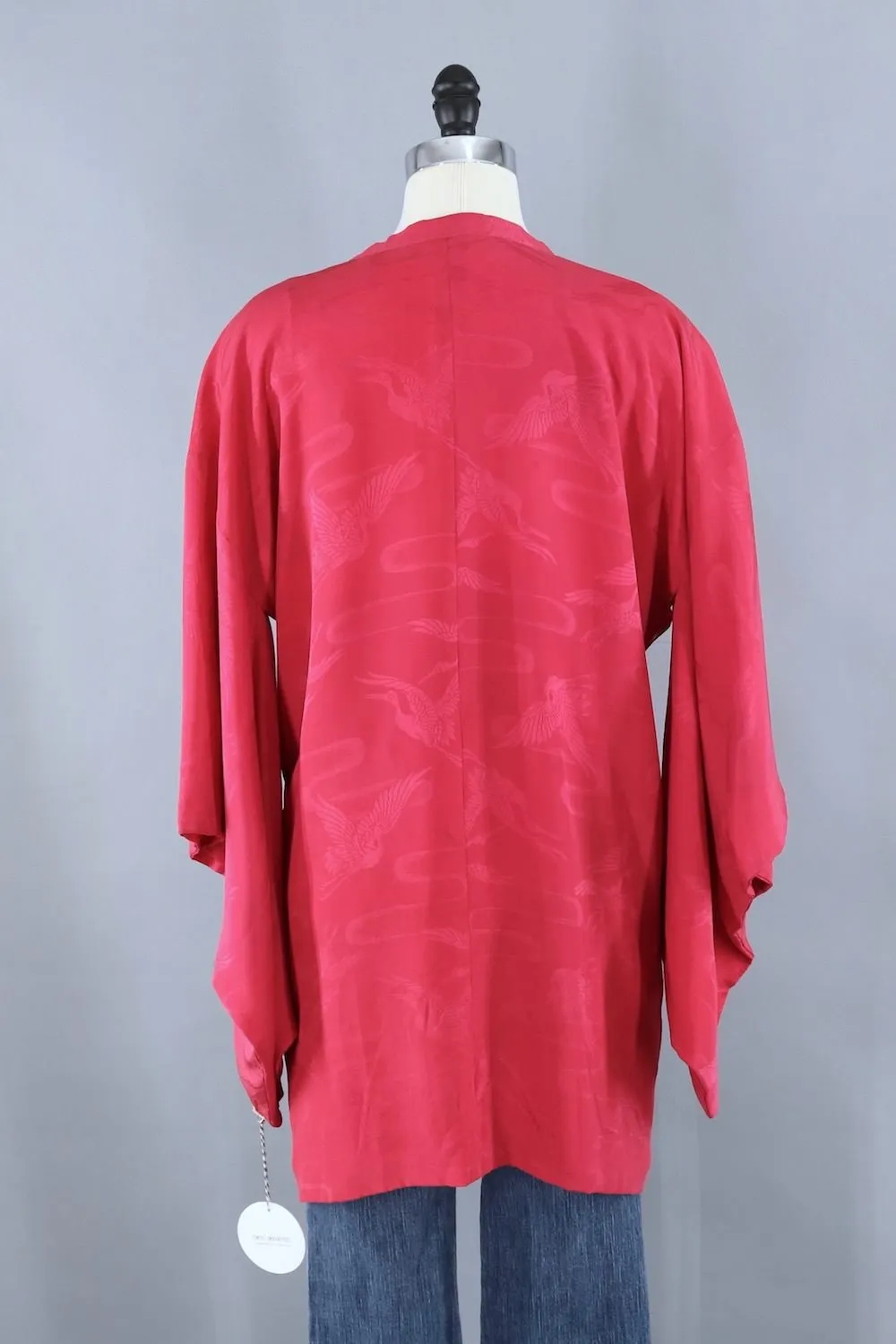 Vintage Silk Kimono Jacket / Raspberry Red Flying Cranes