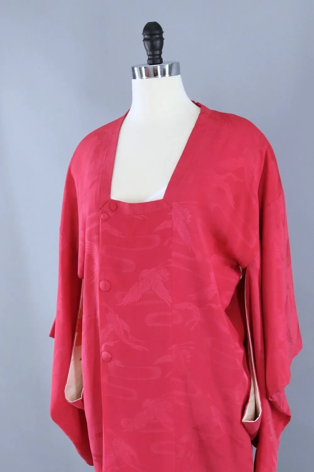 Vintage Silk Kimono Jacket / Raspberry Red Flying Cranes