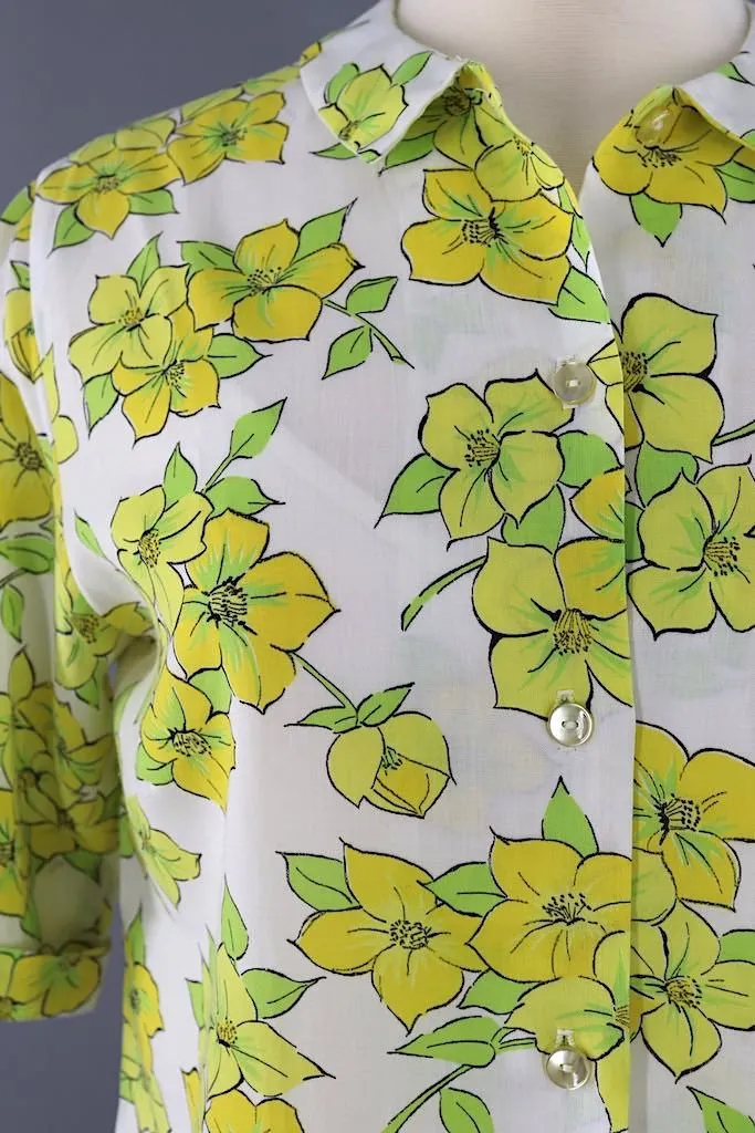 Vintage Yellow Floral Print Blouse