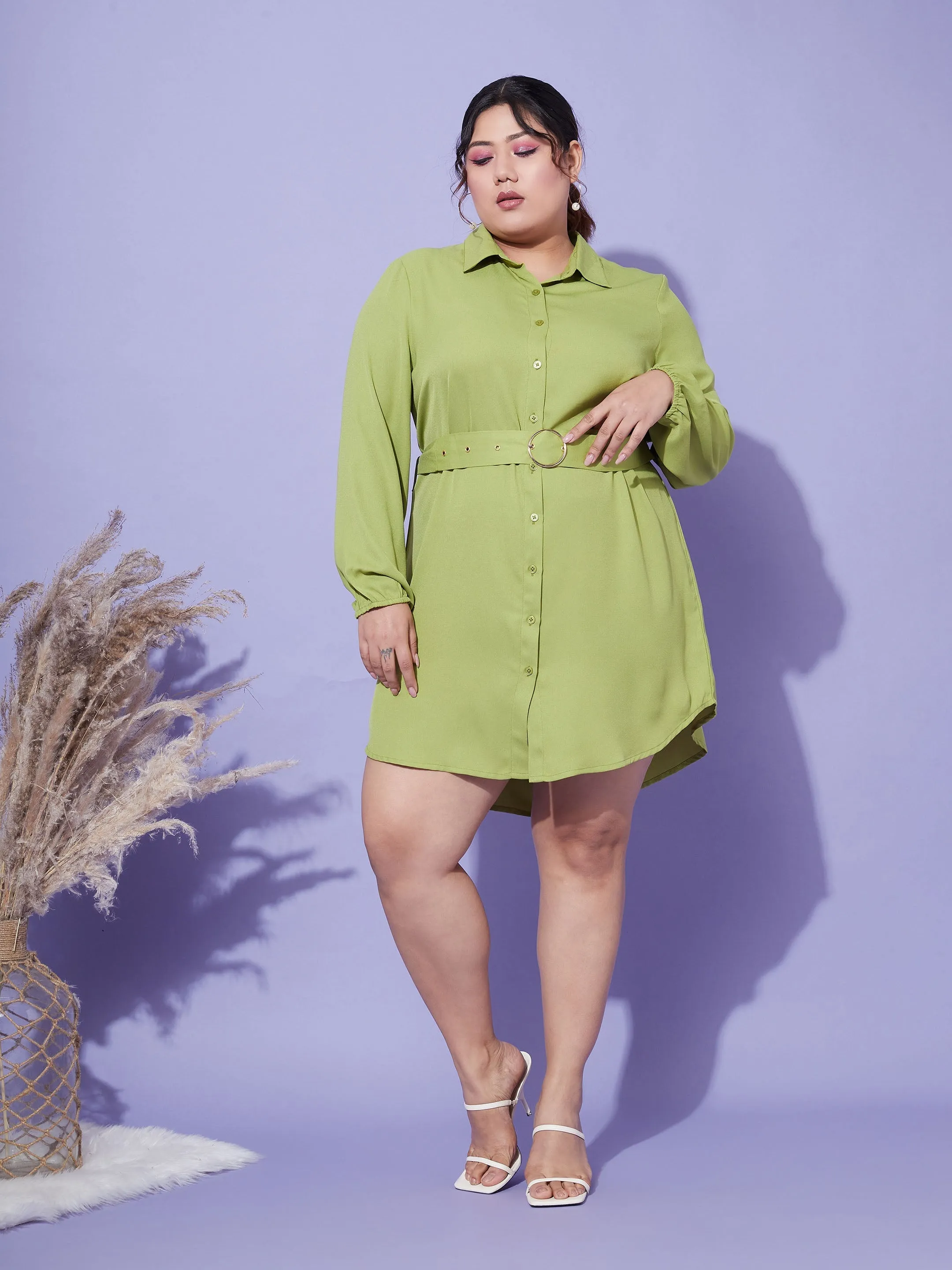 Women Green Front Open Button Shirt Dress