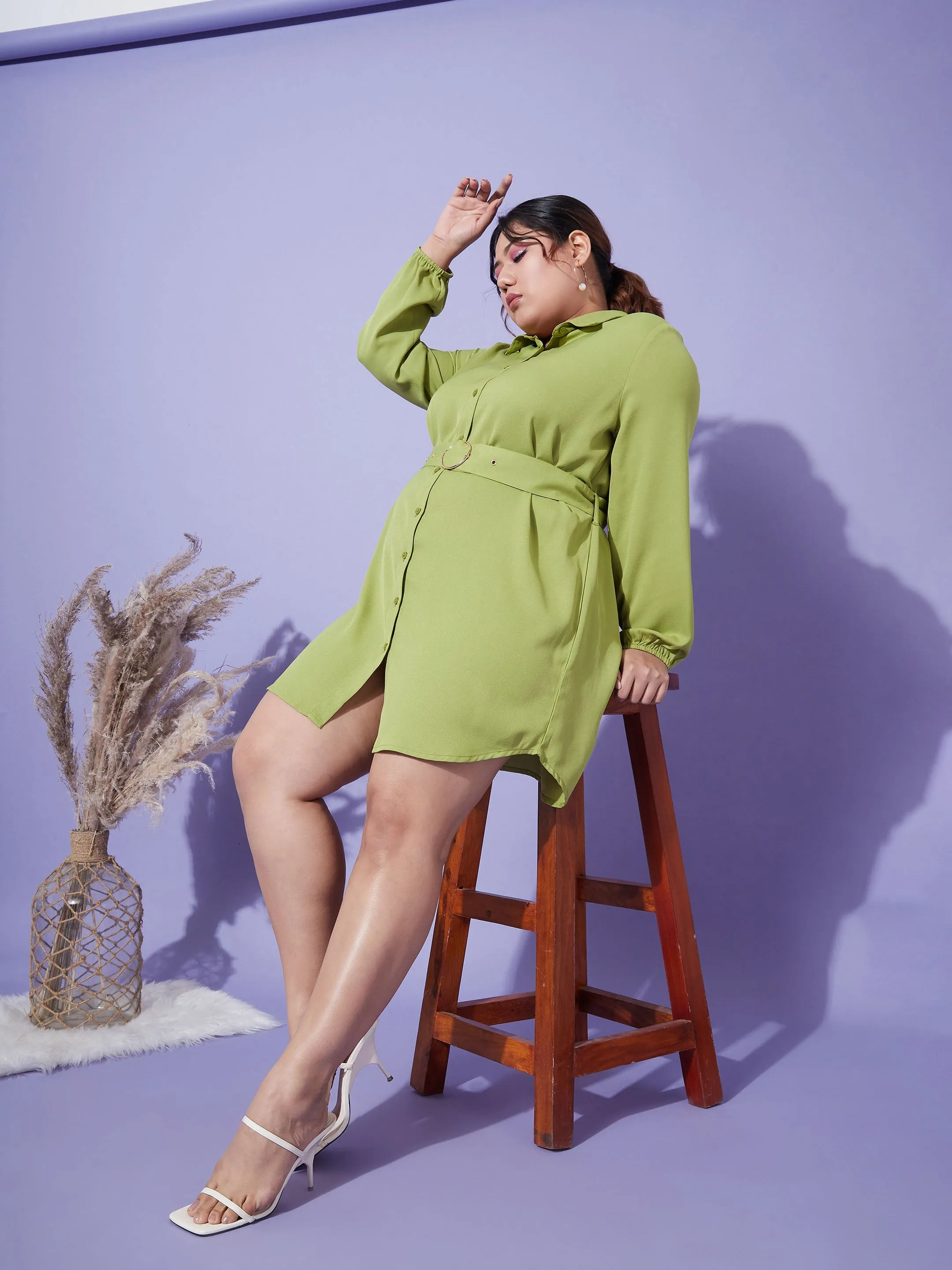 Women Green Front Open Button Shirt Dress