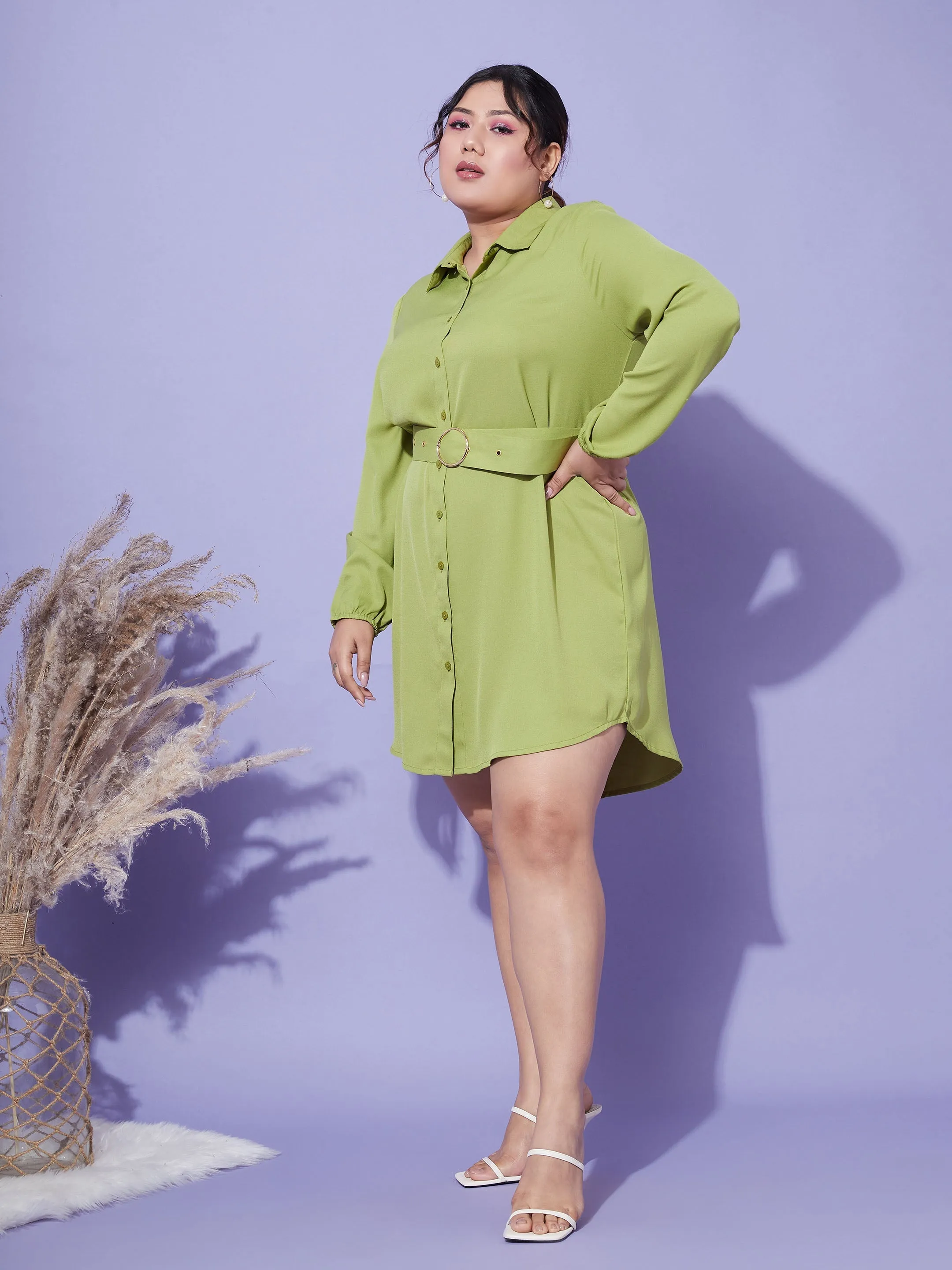 Women Green Front Open Button Shirt Dress