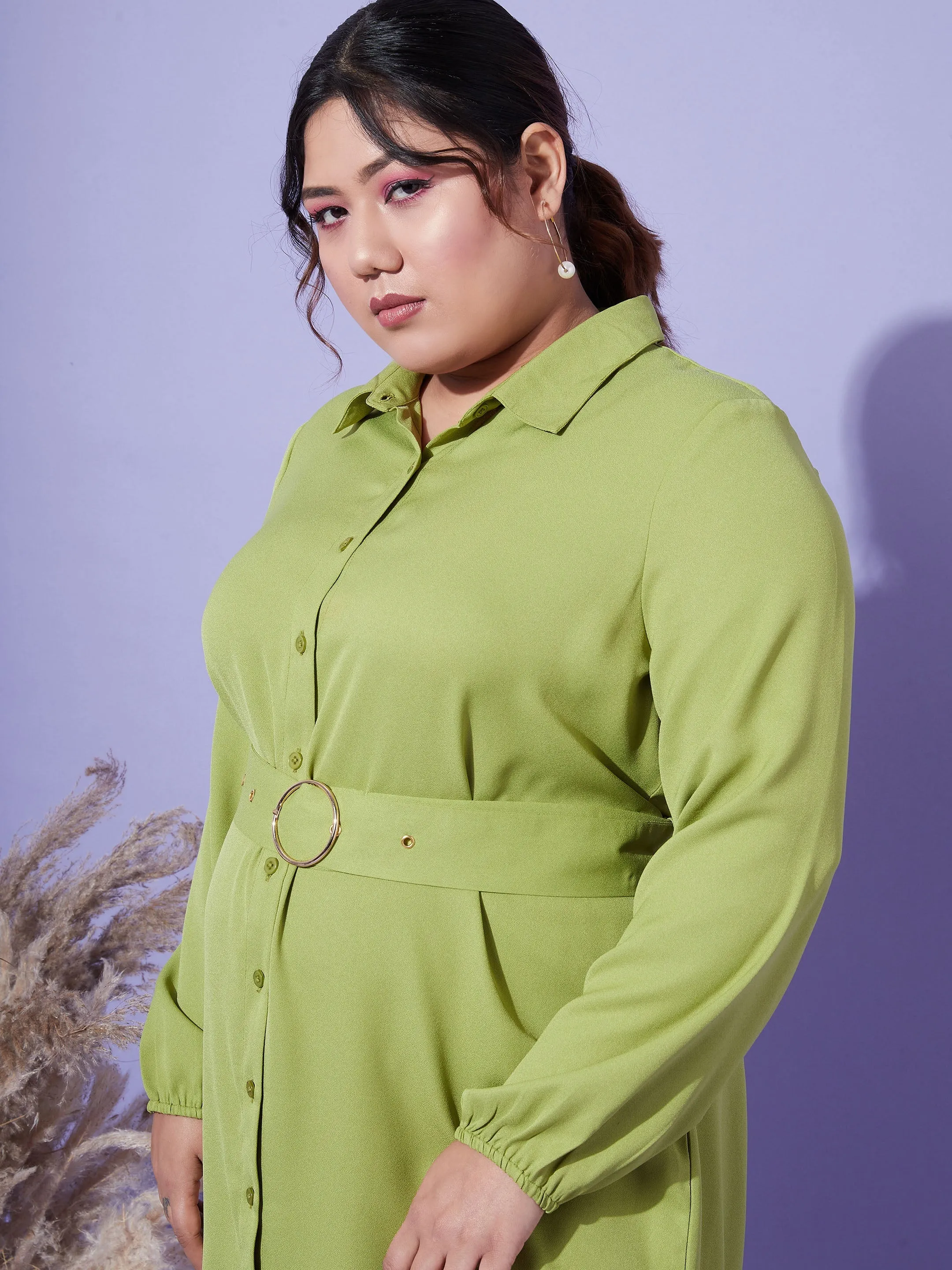 Women Green Front Open Button Shirt Dress