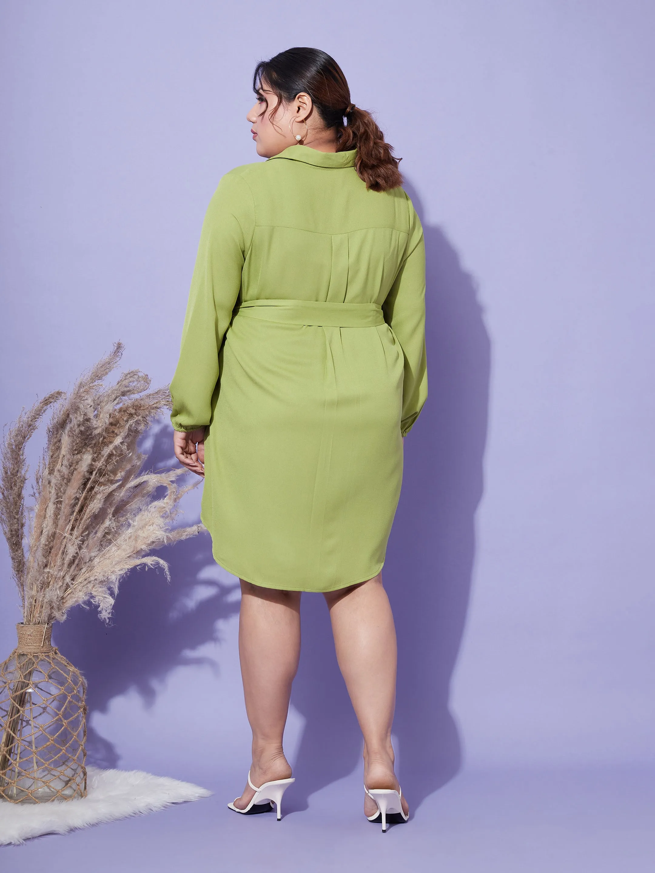 Women Green Front Open Button Shirt Dress