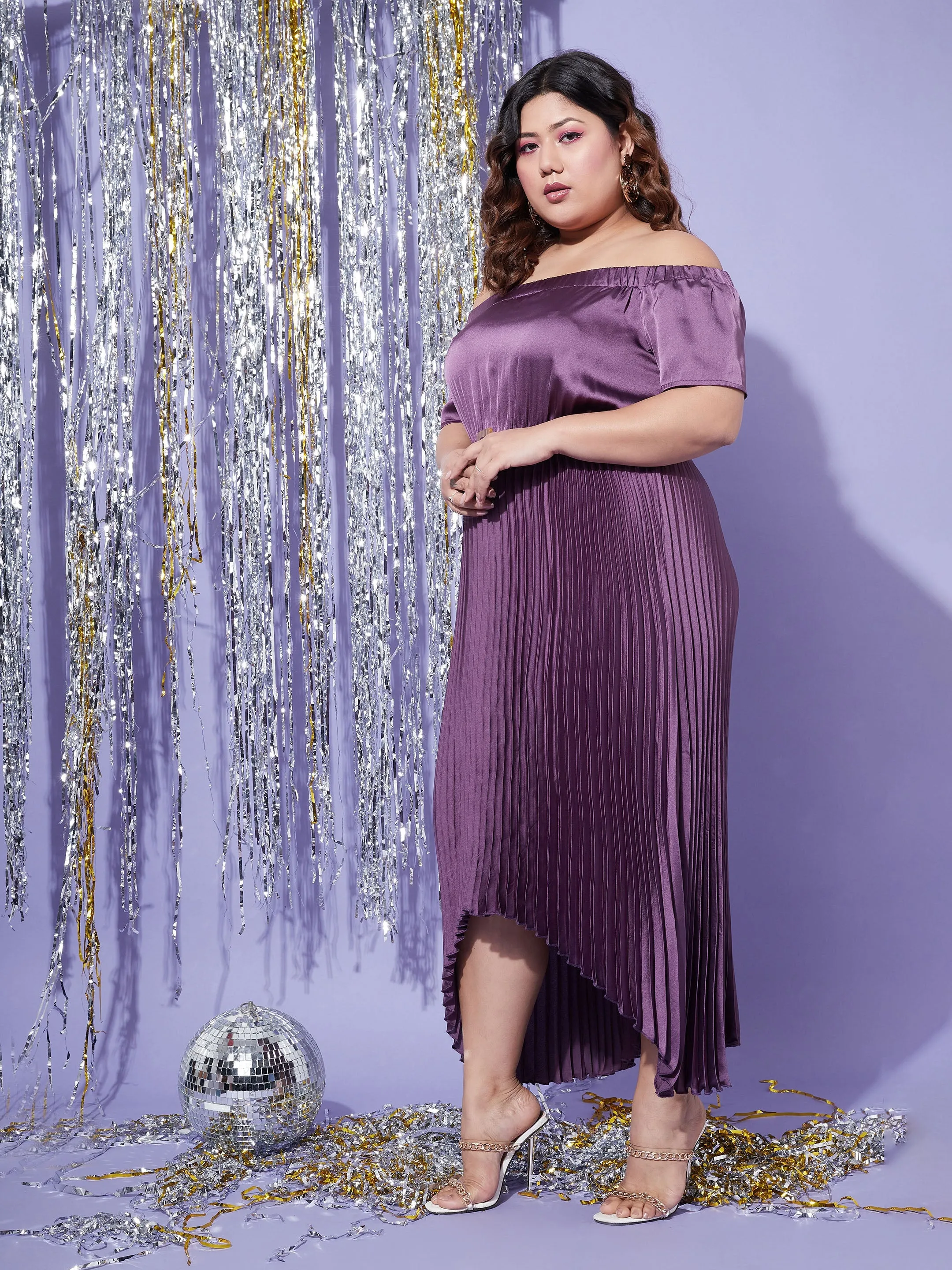 Women Purple Satin Accordion Pleats Bardot High Low Belt Dress