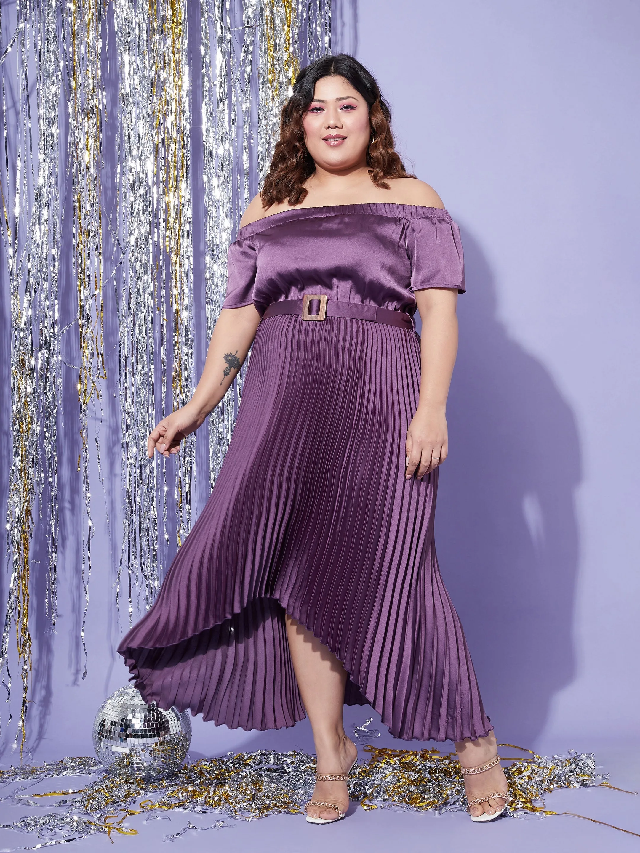 Women Purple Satin Accordion Pleats Bardot High Low Belt Dress