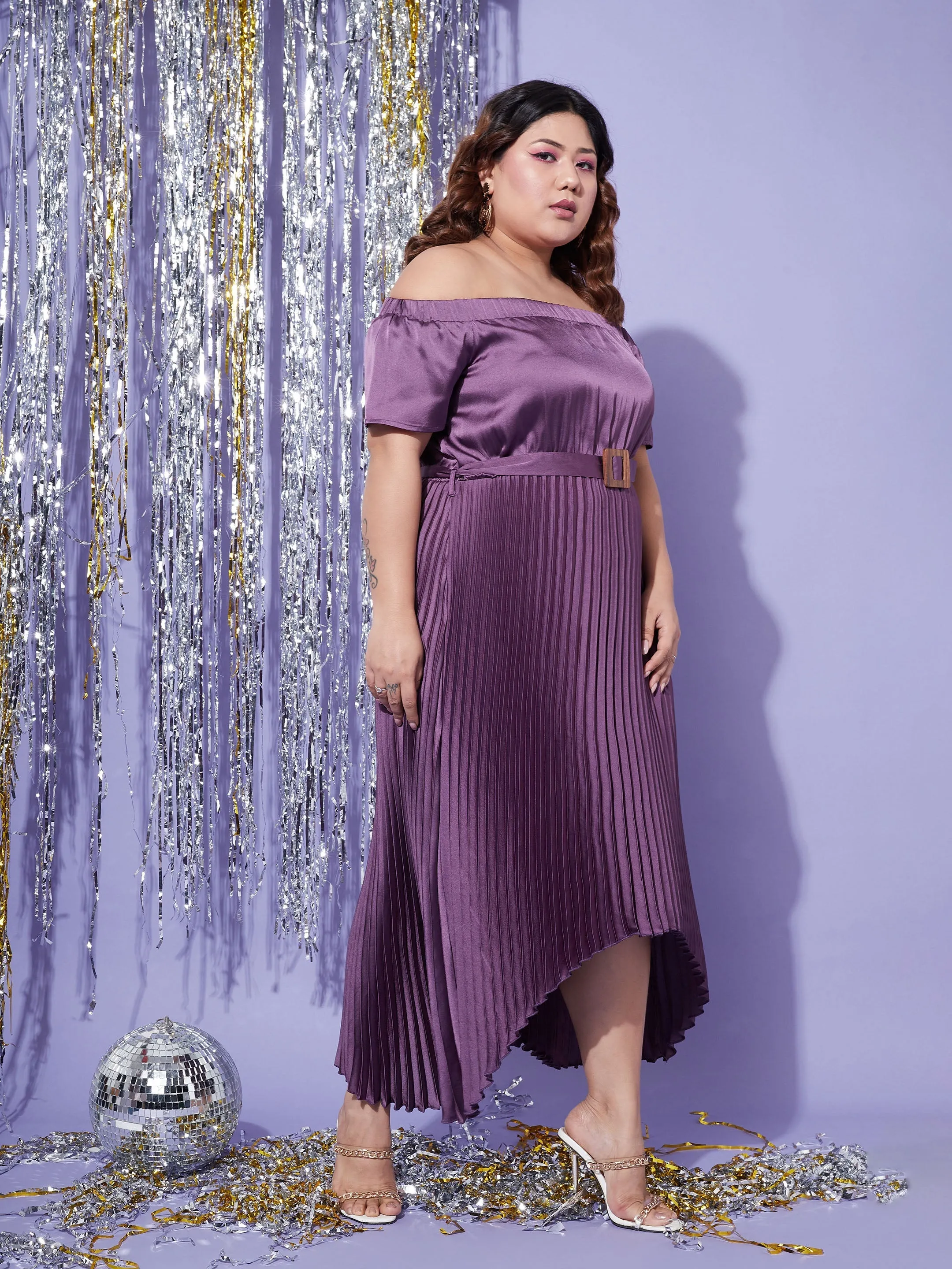 Women Purple Satin Accordion Pleats Bardot High Low Belt Dress